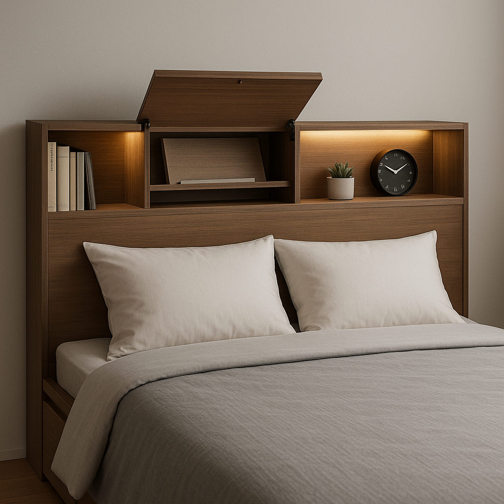 Cabecero de dormitorio con compartimentos de almacenamiento ocultos