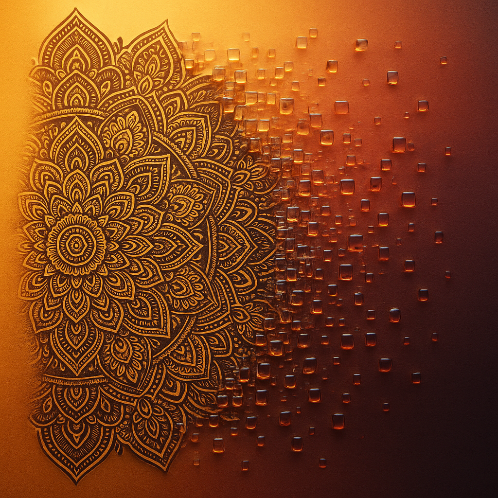 Sacred geometry transforming through liquid glass pixel effects