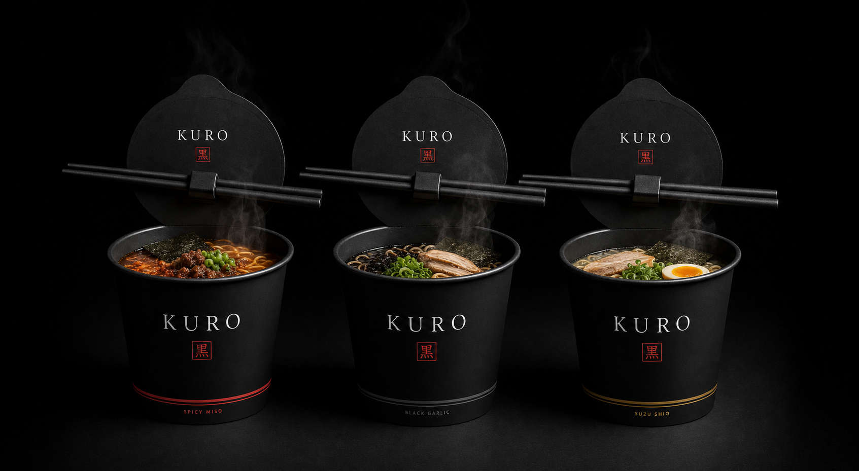 Three Kuro all-black ramen cups with matte black chopsticks on lids