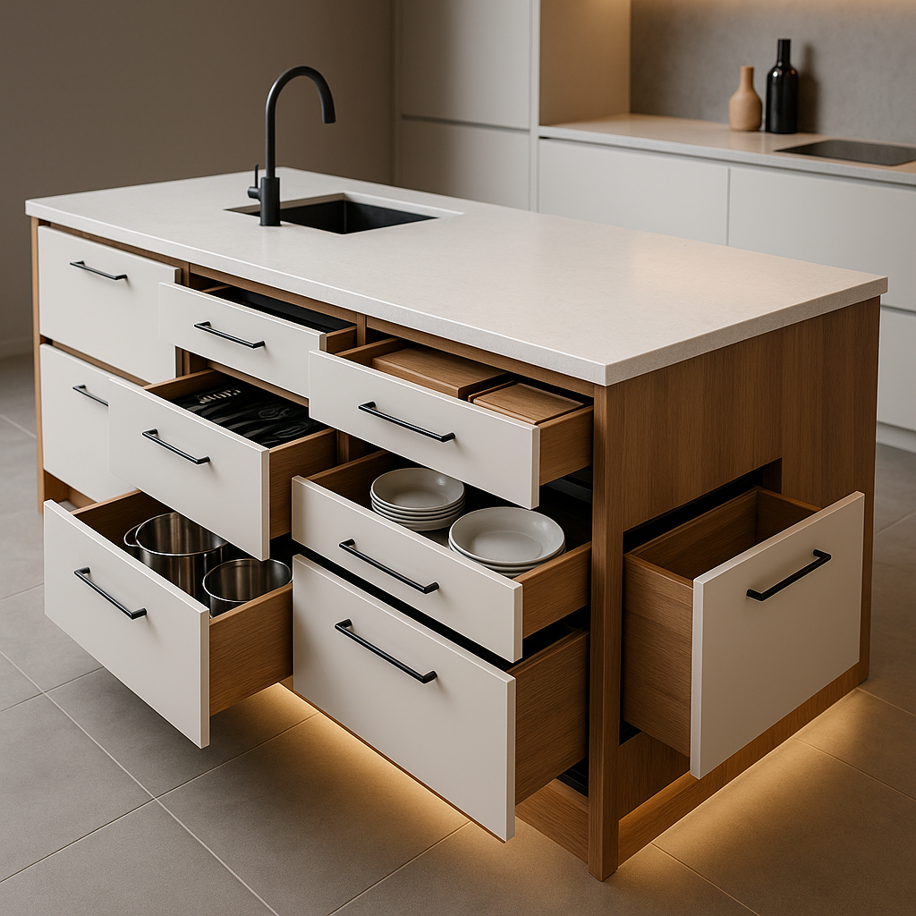 Isla de cocina multifuncional con almacenamiento integrado y espacio de trabajo