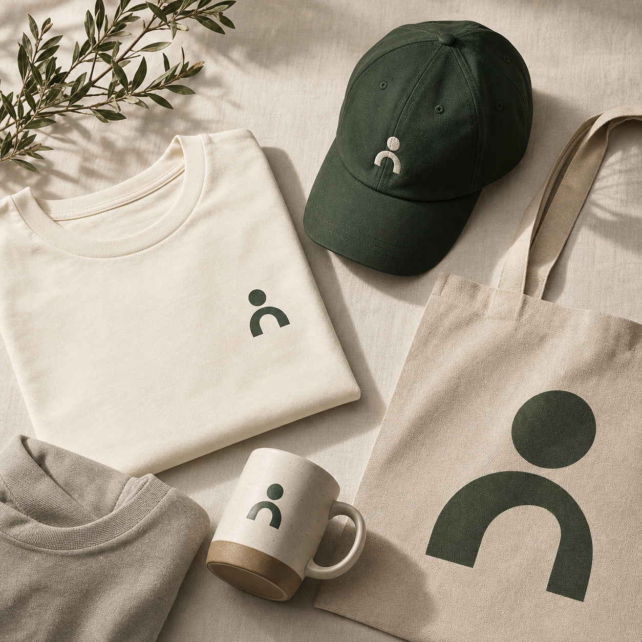 Flat lay of custom branded merchandise — t-shirt, cap, tote bag, and mug on linen