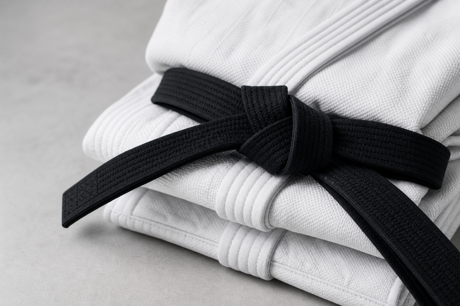 Fotorealistisches Detailbild mit weißen Budo-Textilien und schwarzem Gürtel