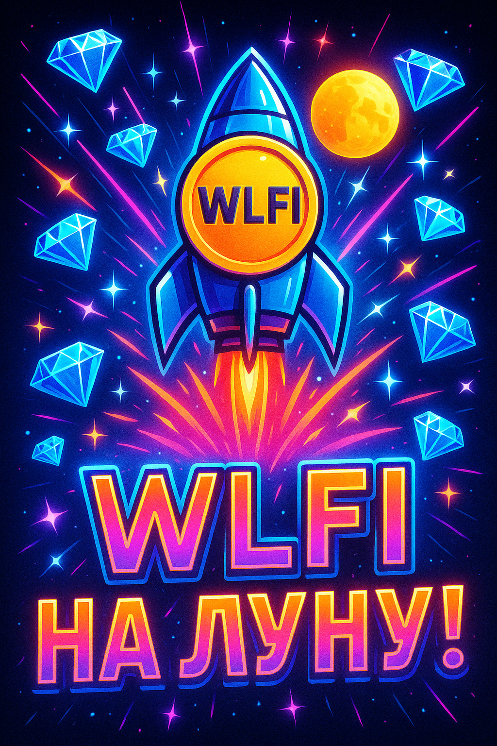 Прогноз WLFI после листинга: анализ уровней поддержки и сопротивления Хайповый постер WLFI с логотипом токена и надписью "WLFI НА ЛУНУ!"