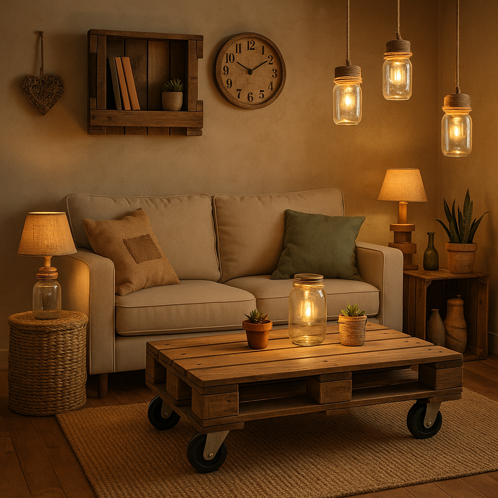 Sala decorada con muebles DIY de materiales reciclados