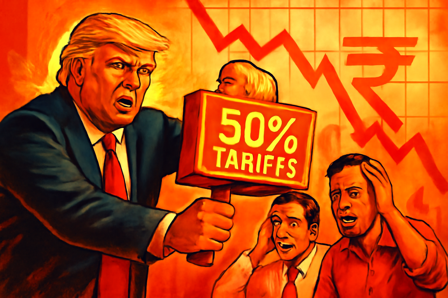 Visualization of Trump's 50% tariffs impacting India's economy and markets.