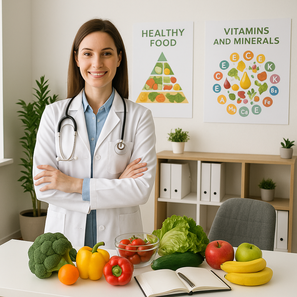 Nutricionista profissional em consultório com alimentação saudável