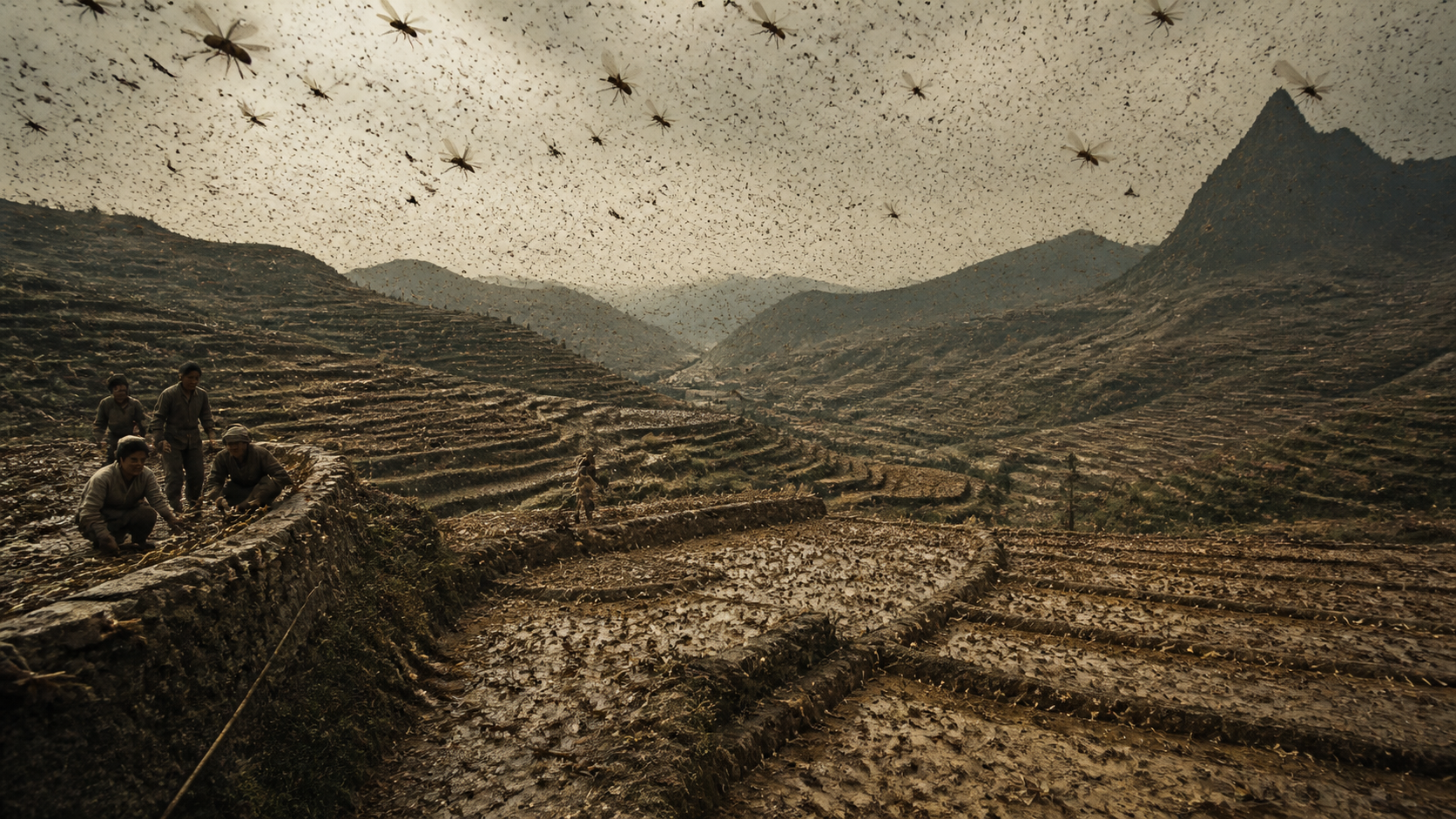 Locusts descending over Chinese cropfields