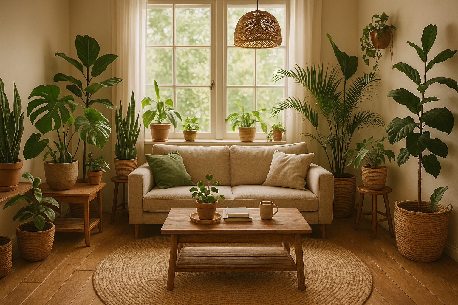 Plantas de interior en sala de estar con elementos naturales y diseño biofílico