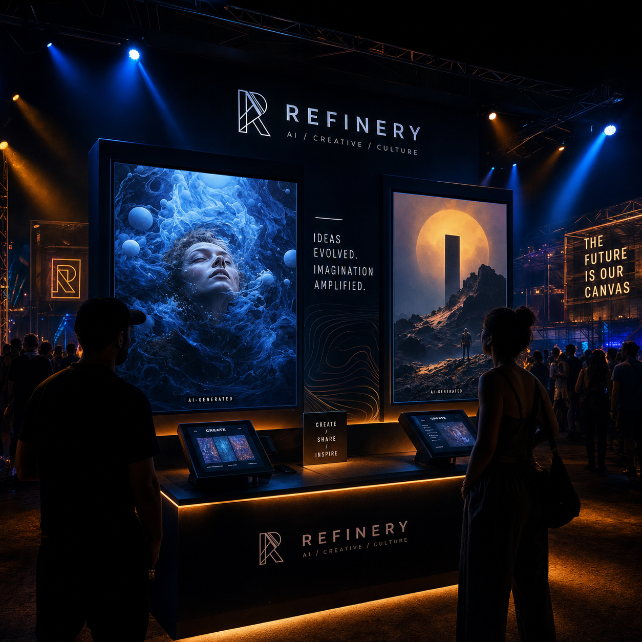 Live event activation booth at night festival with glowing screens