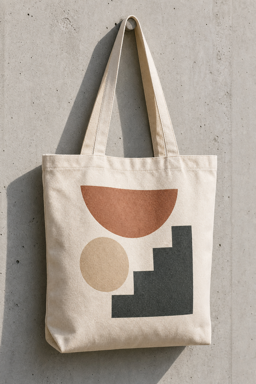 Canvas tote bag with screen-printed geometric design hanging on wall