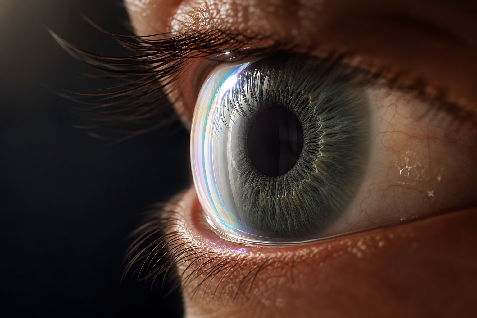 Premium medical illustration of the human anterior segment showing the ocular surface, tear film, cornea, and iris
