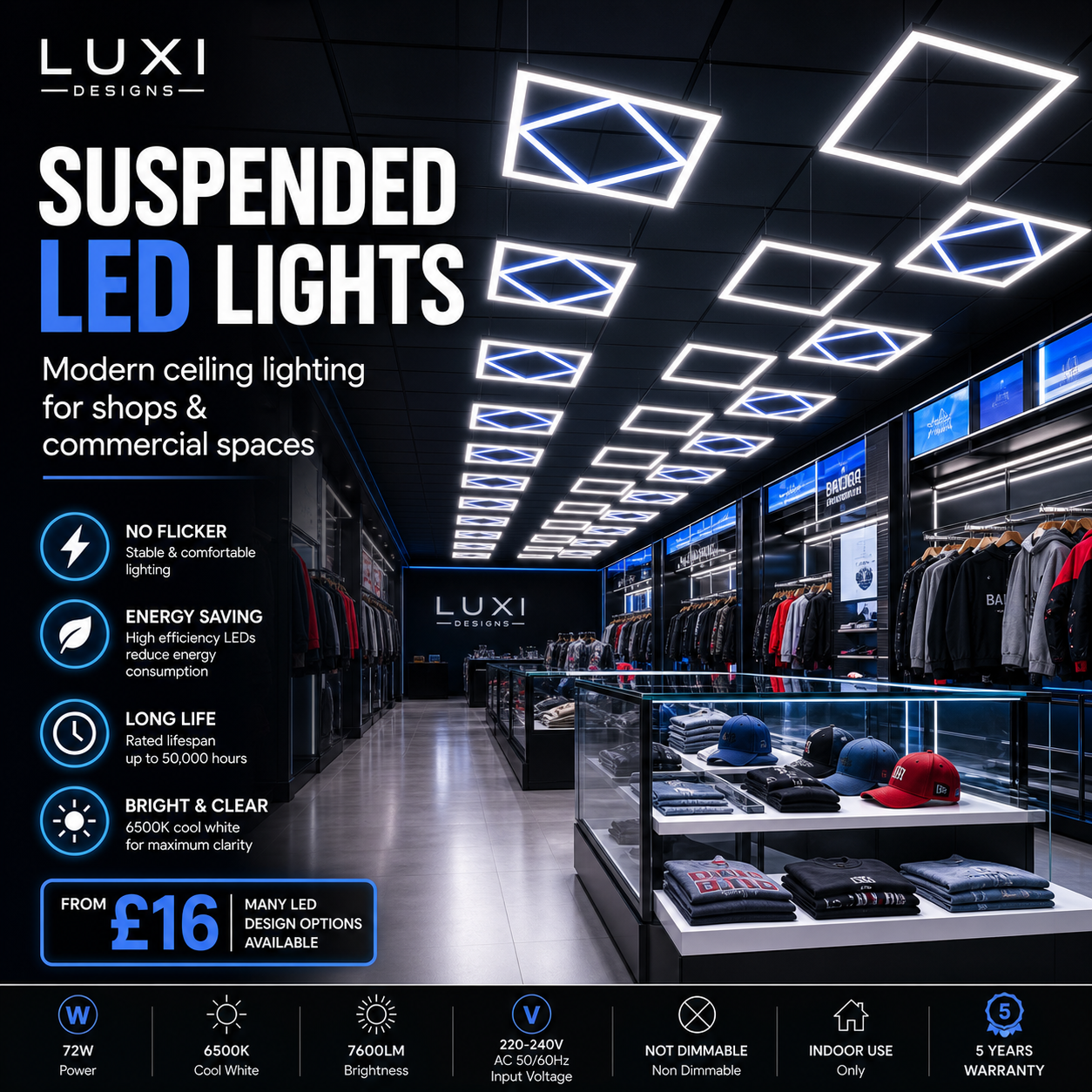 Suspended LED frame lights for retail and commercial spaces - Luxi Designs