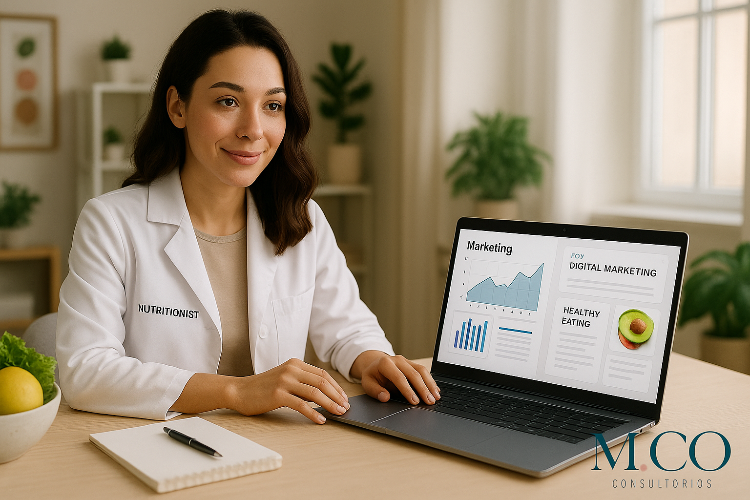 Nutricionista em seu consultório utilizando marketing digital para planejar conteúdo e atrair mais pacientes - M.CO Consultórios