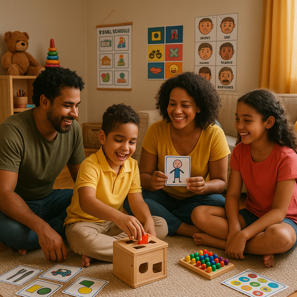 Família aplicando técnicas ABA em ambiente doméstico