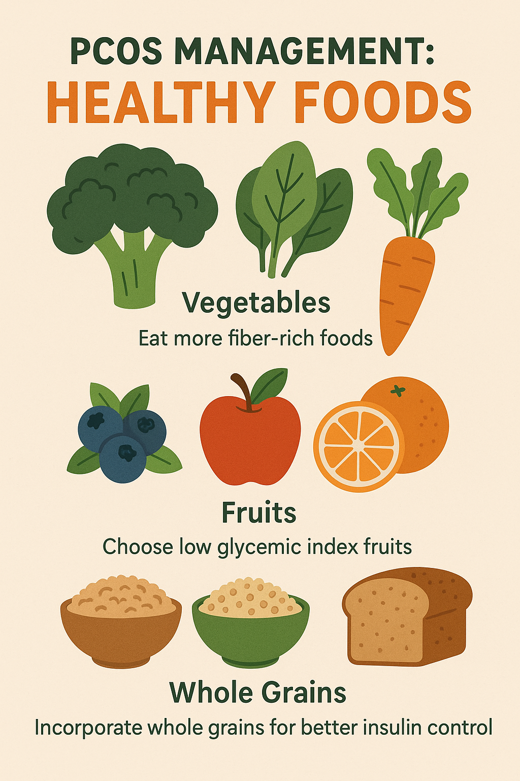 PCOS-friendly foods including leafy greens, berries, whole grains, and lean proteins