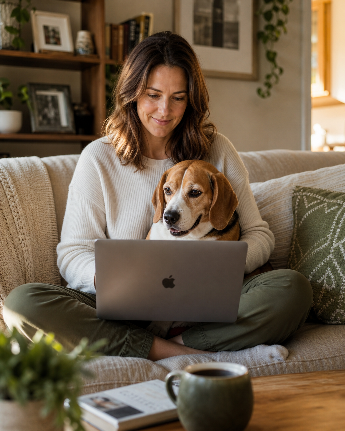 A woman sitting on her couch with a beagle on her lap, looking at a laptop showing a dog weight plan