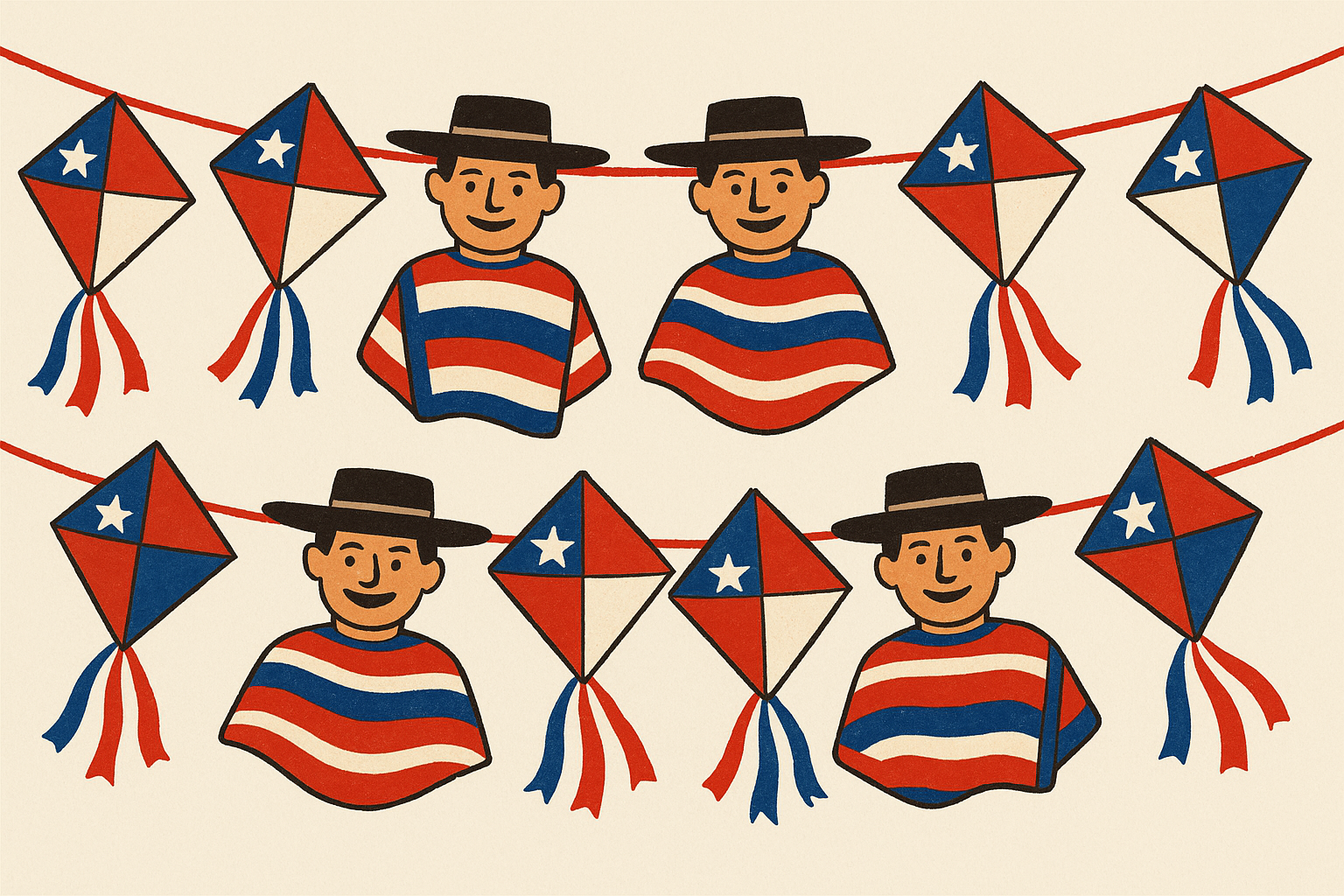 Guirnaldas decorativas con motivos de huasos y volantines para fiestas patrias