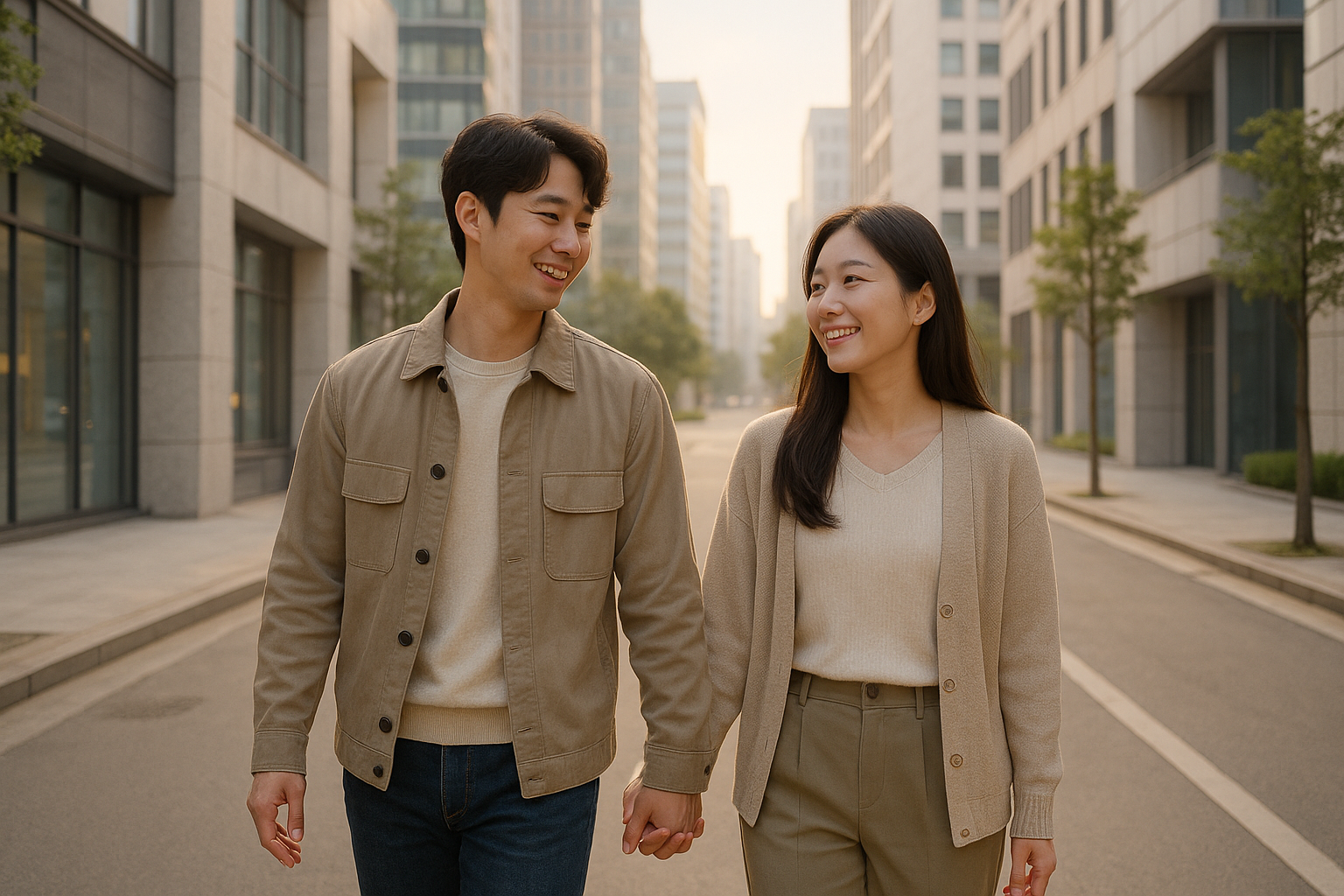 화해 후 현대 도시 거리를 함께 걷는 한국인 커플의 치유 장면