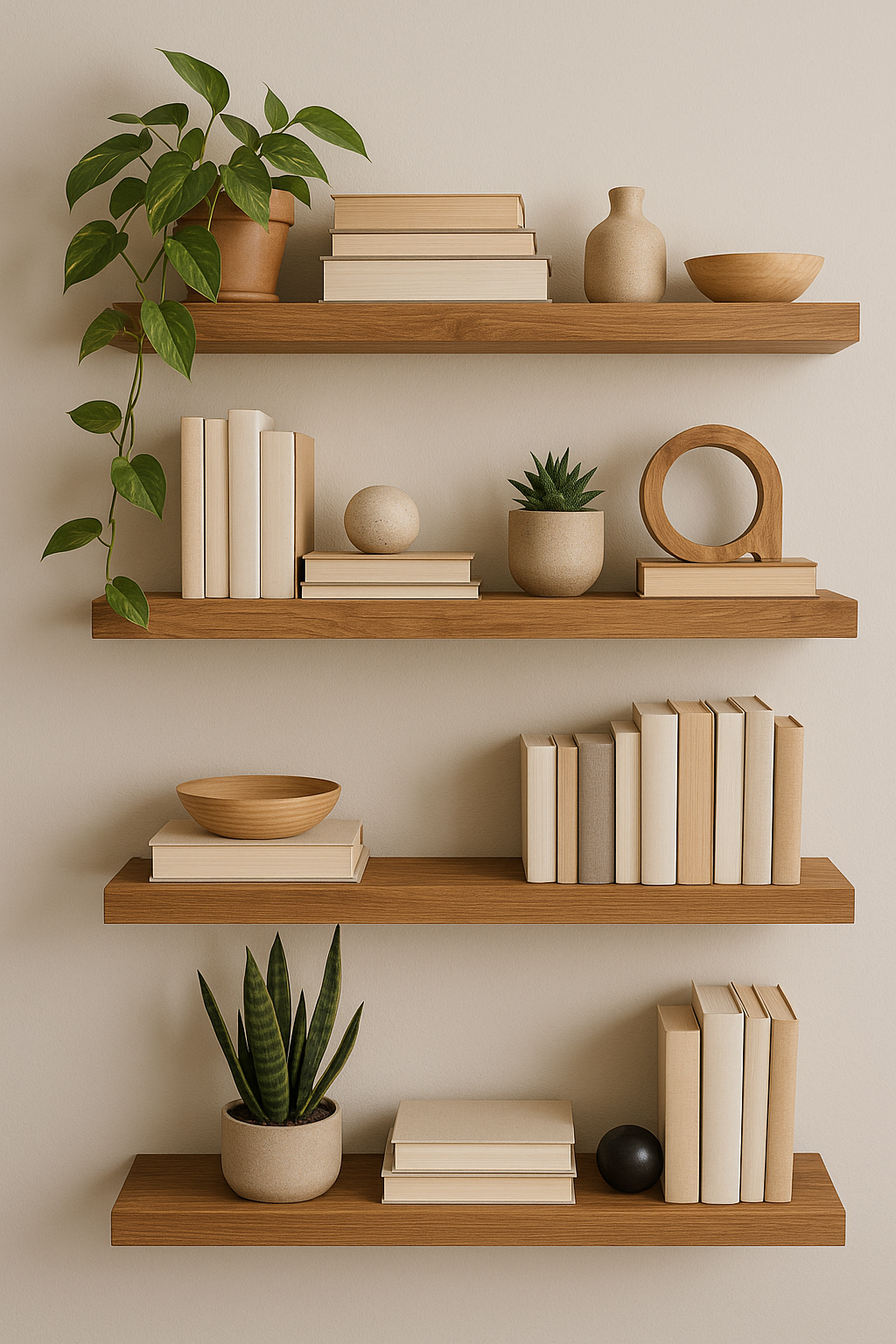 Estanterías flotantes de madera decoradas con objetos