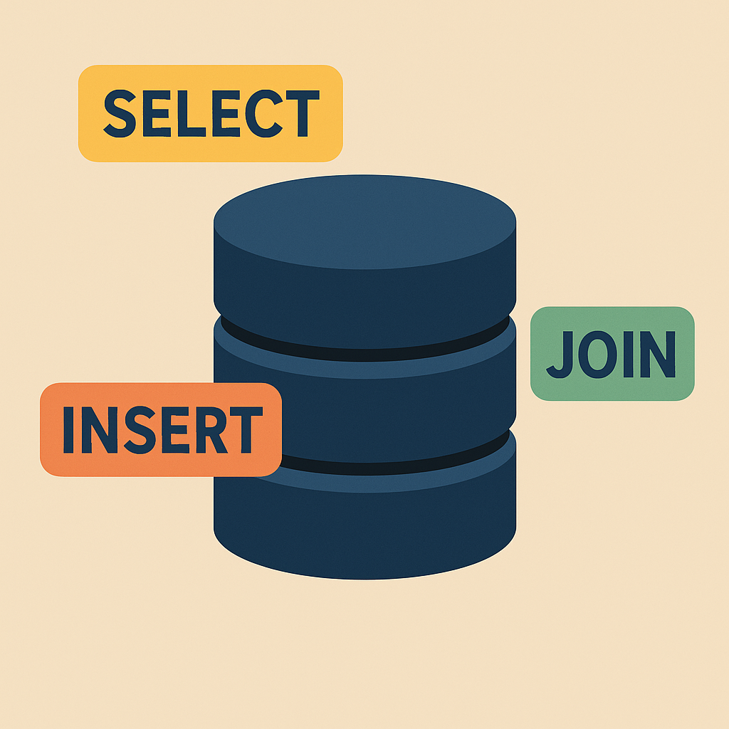 Illustration von Datenbank-Zylindern mit SQL-Schlüsselwörtern