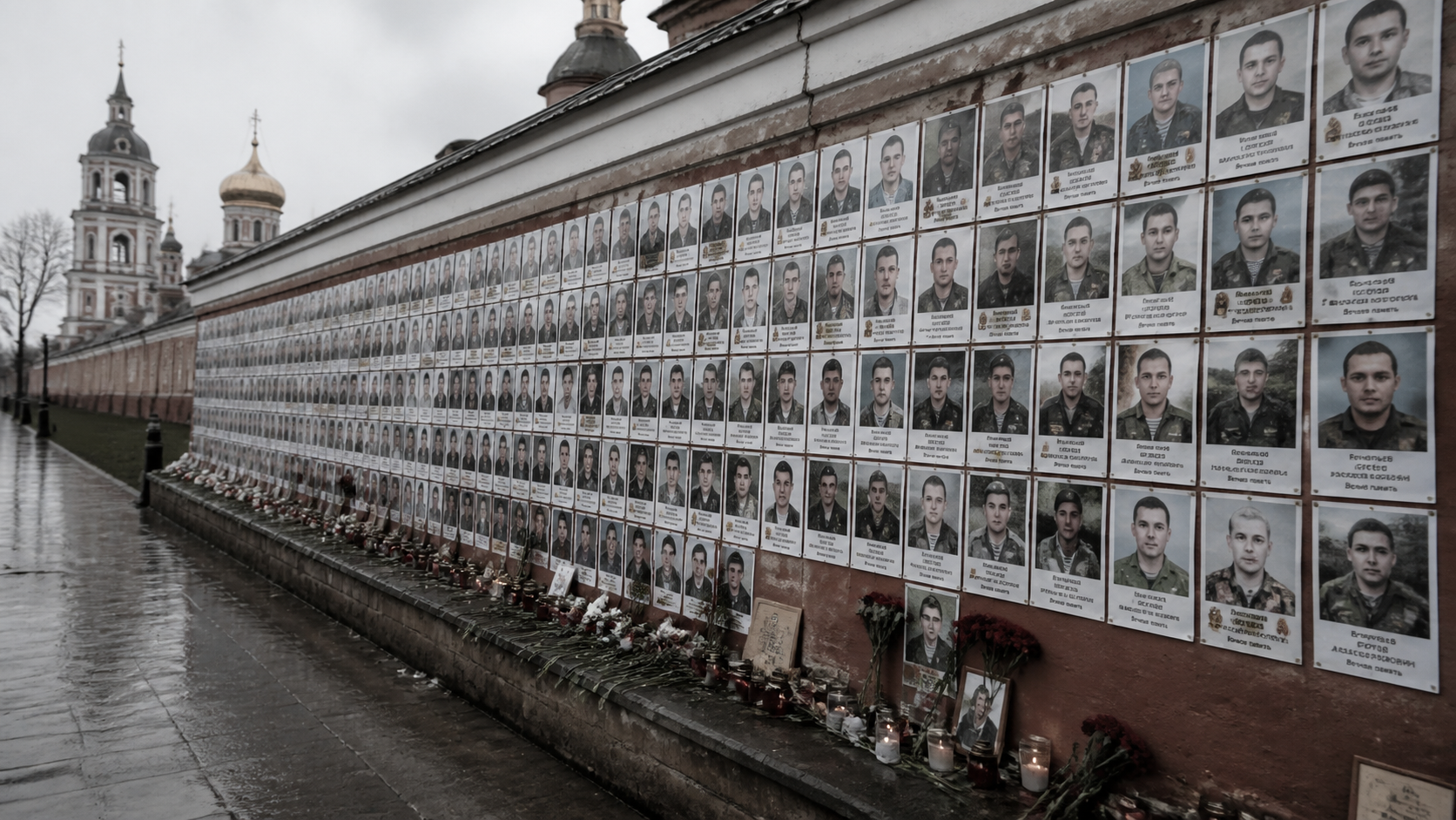 A Russian village memorial wall covered in photographs of young men killed in Ukraine