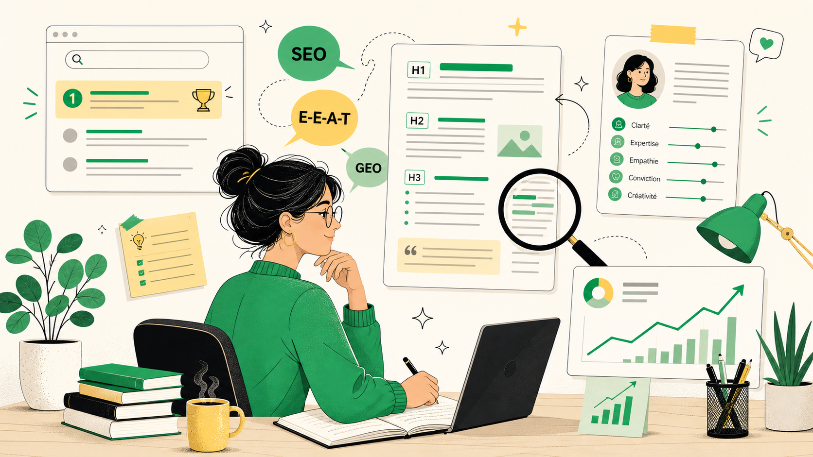 Illustration éditoriale d'un rédacteur web avec résultats Google, balises H1/H2, mots-clés et analytics de contenu