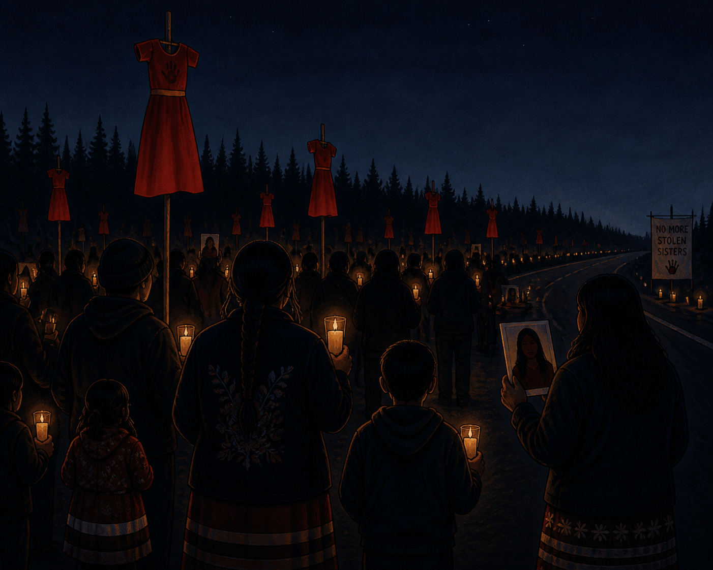 Community candlelight vigil along Highway 16 at night — silhouettes holding candles and red dresses