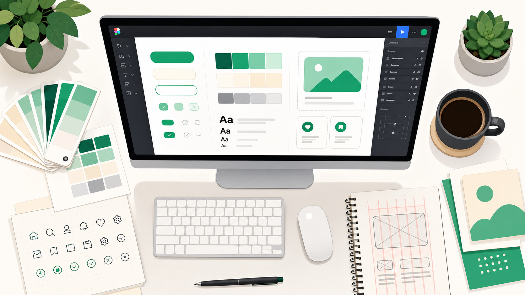 Illustration éditoriale d'un designer UI avec une interface Figma montrant des composants, swatches et typographie