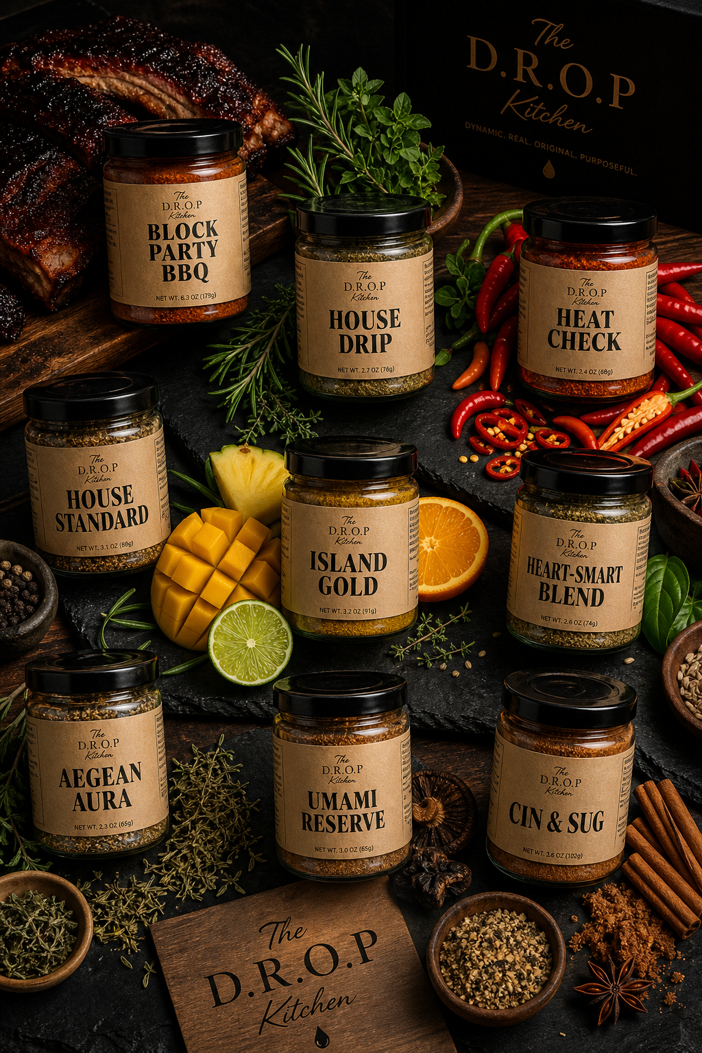 The full D.R.O.P Kitchen lineup flat lay