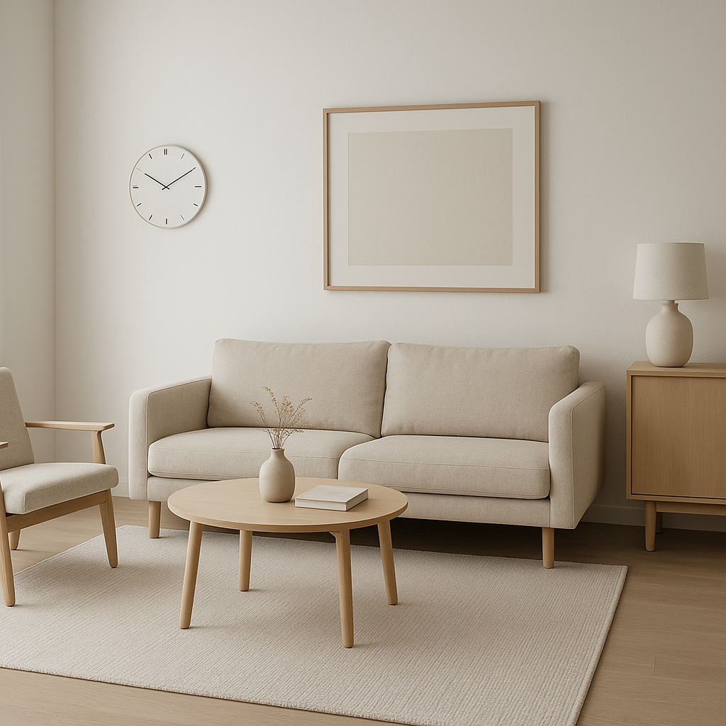 Sala de estar minimalista con colores neutros y líneas limpias