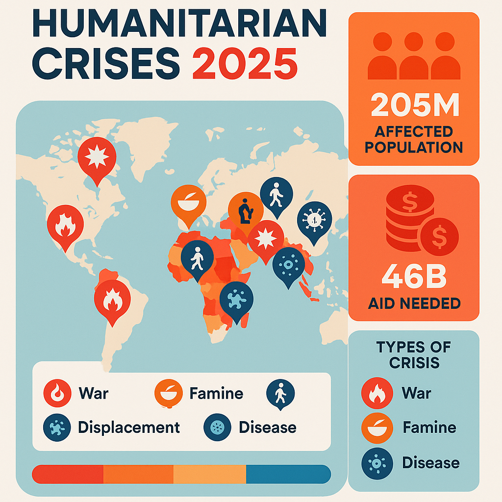 Infografía moderna de crisis humanitarias mundiales 2025