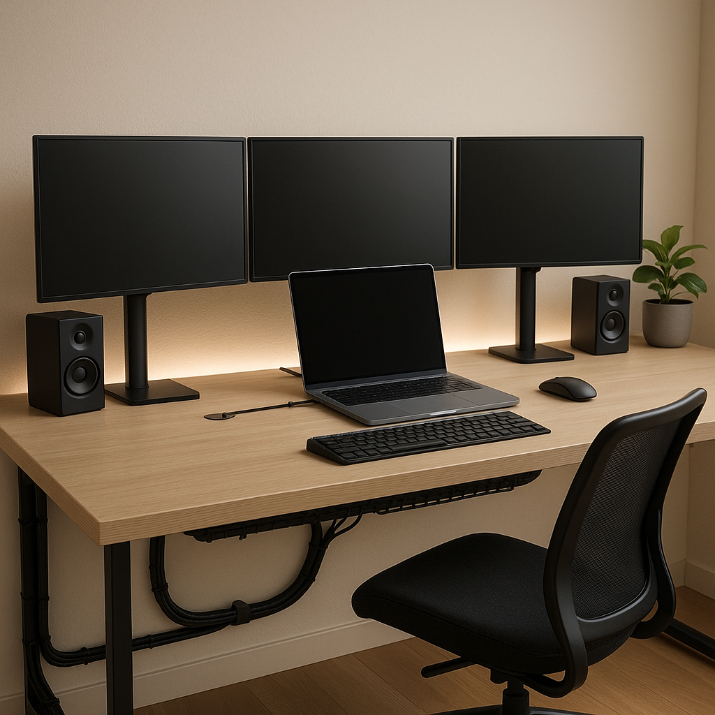 Setup tecnológico organizado con gestión de cables en oficina doméstica