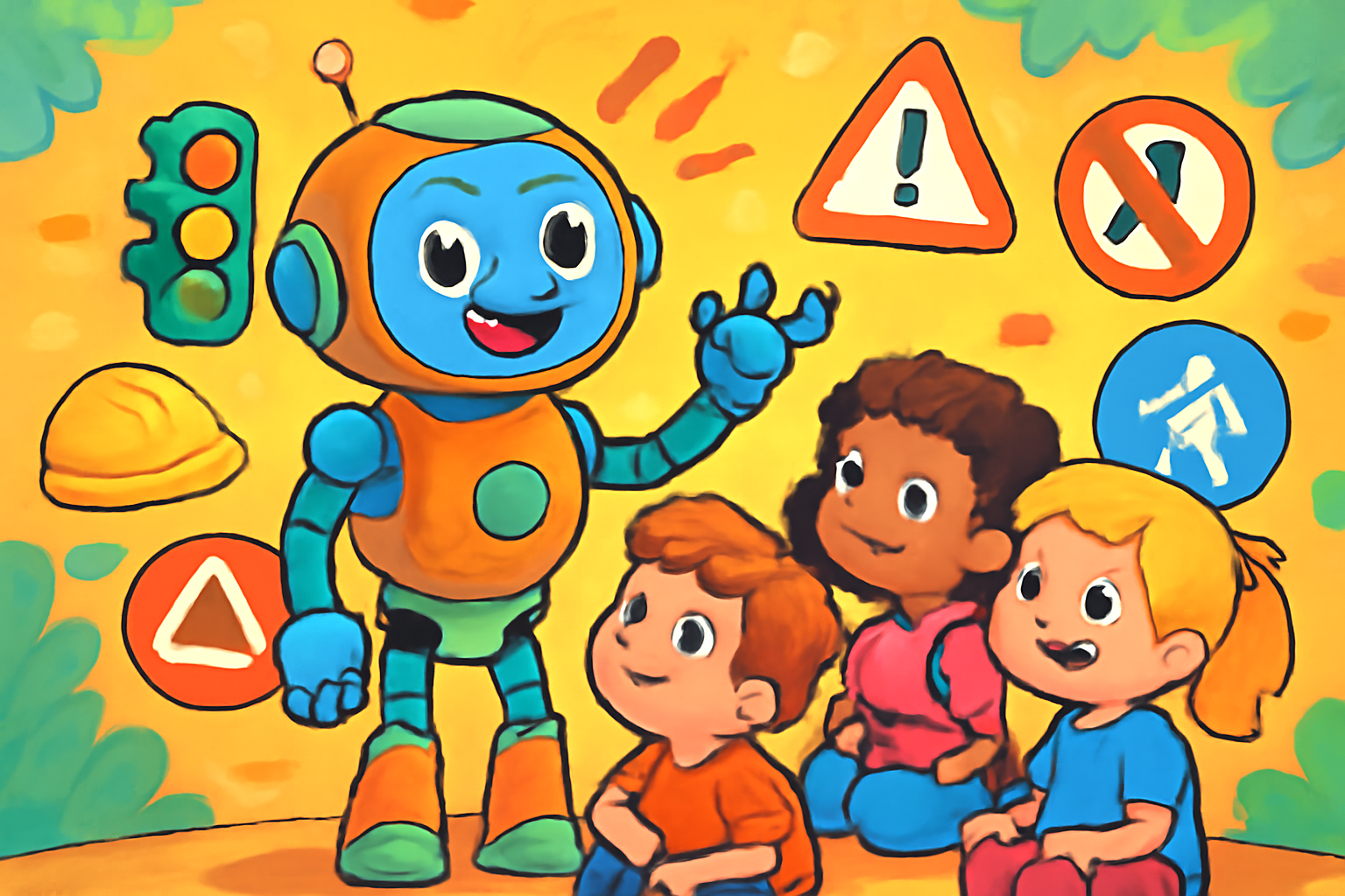 Friendly GPT robot explaining safety rules for kids
