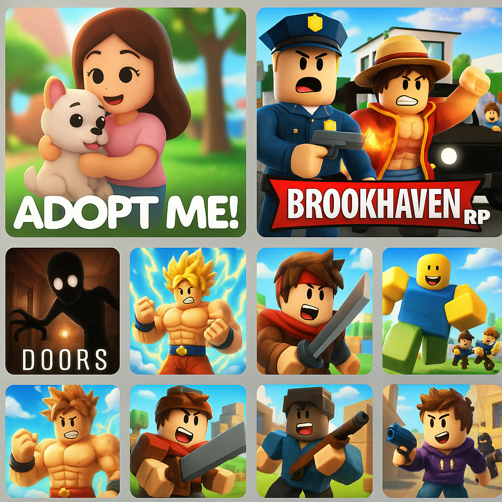 Collection of popular Roblox games including Adopt Me and Brookhaven