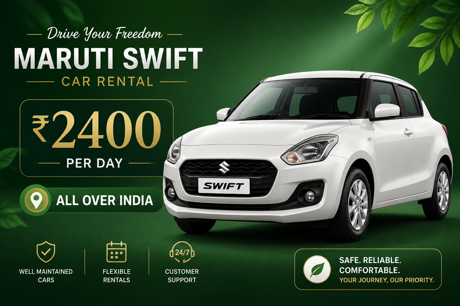 Promotional Maruti Swift rental design with green background