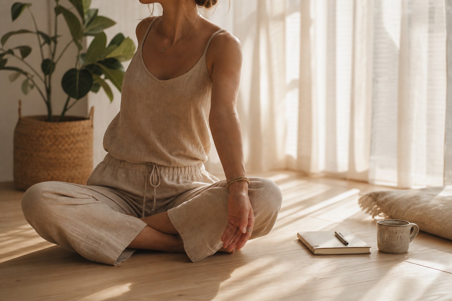 Frau macht sanftes Yoga auf dem Boden — ruhig und geerdet