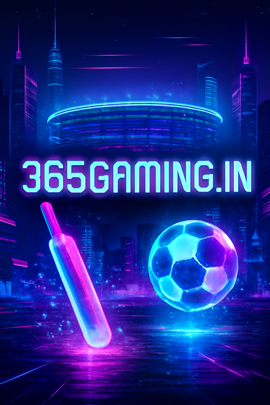 Cyberpunk ad poster for 365gaming.in with neon cricket and football