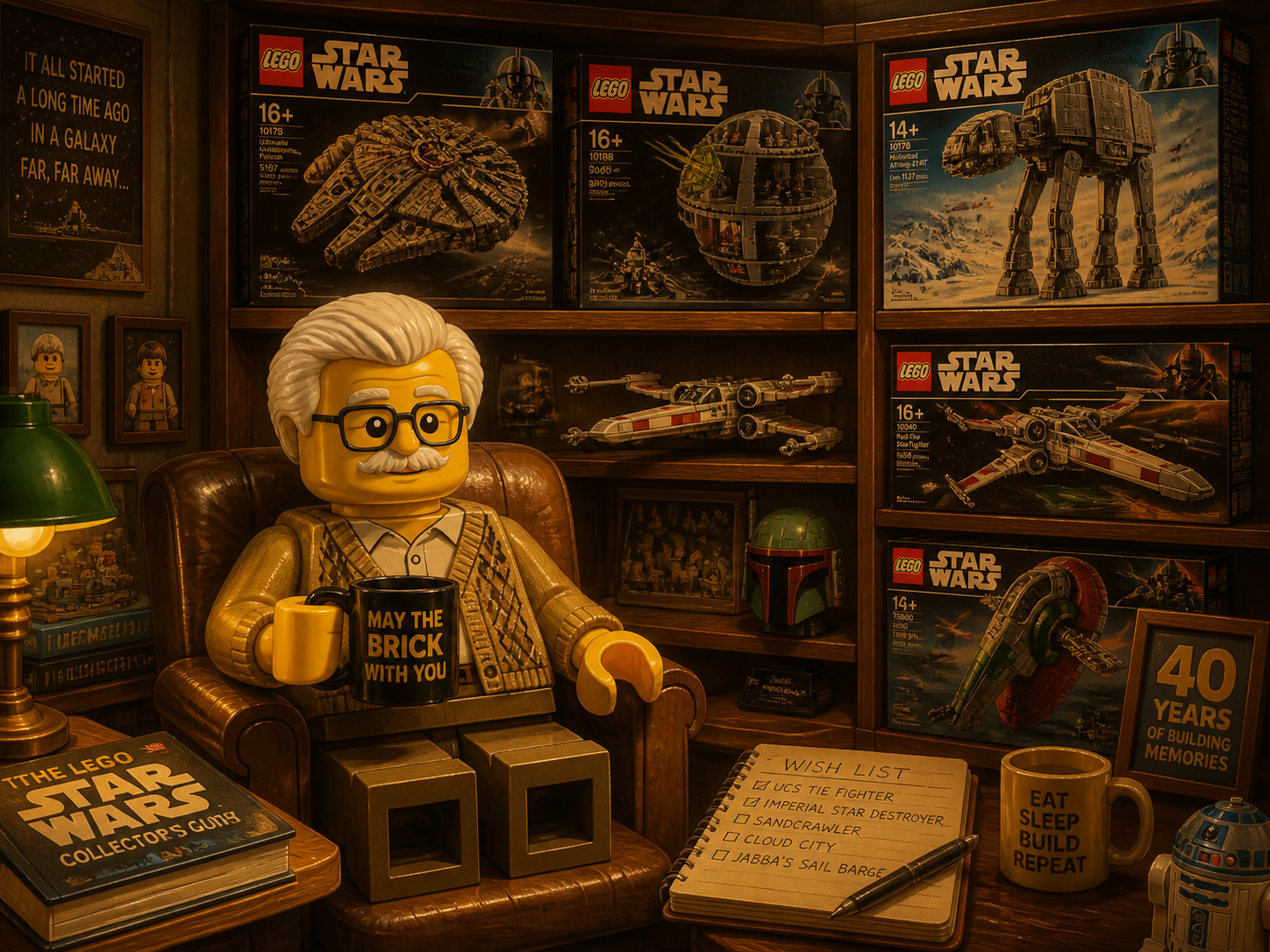 An elderly LEGO minifigure surrounded by shelves of rare Star Wars LEGO sets
