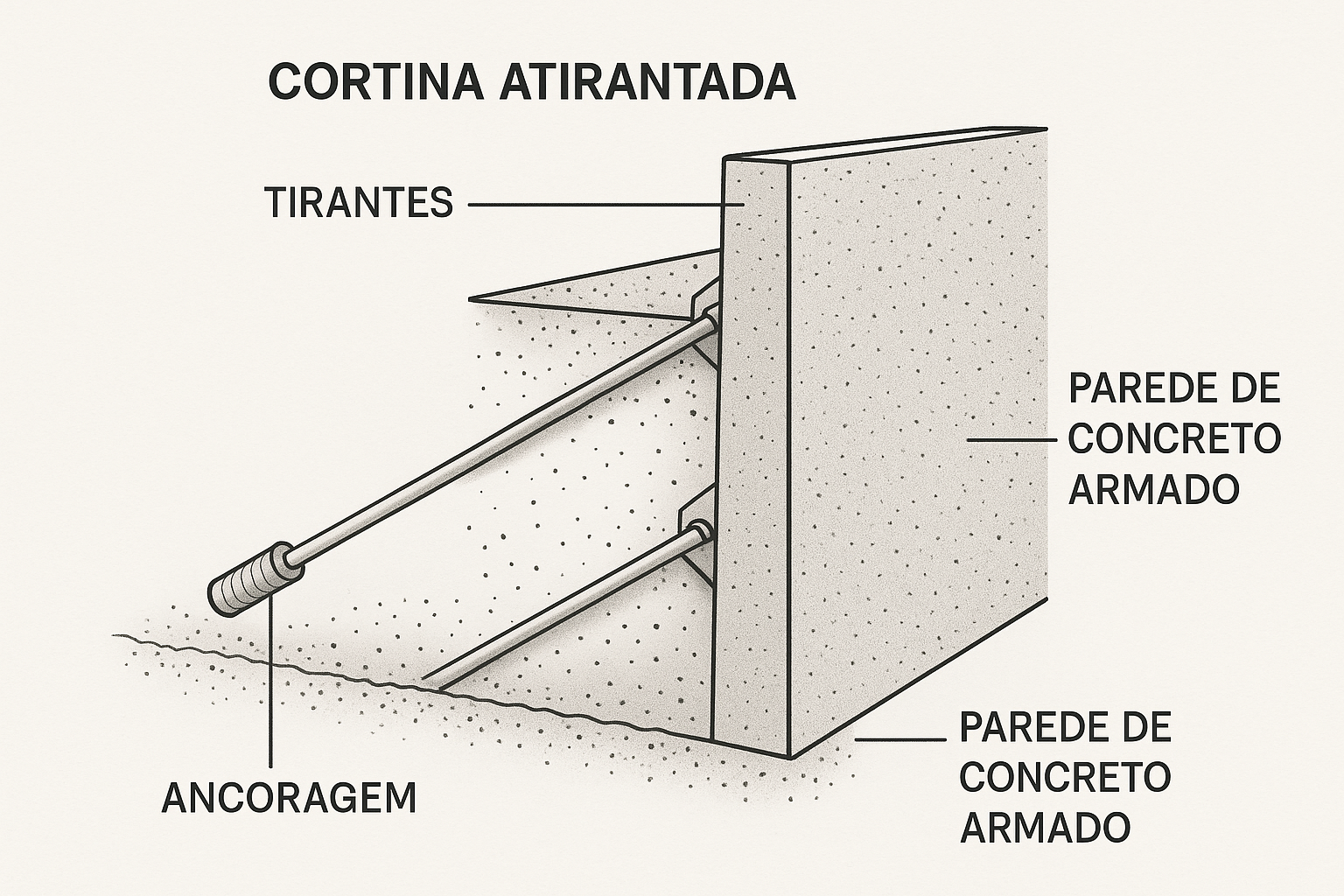 Cortina atirantada com tirantes de ancoragem e parede de concreto armado