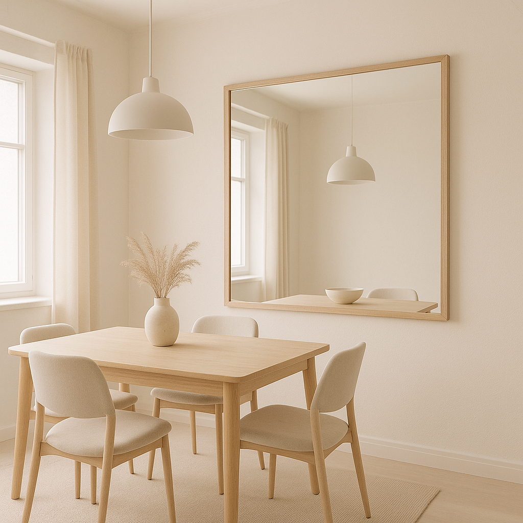Espejo decorativo en comedor pequeño con colores claros