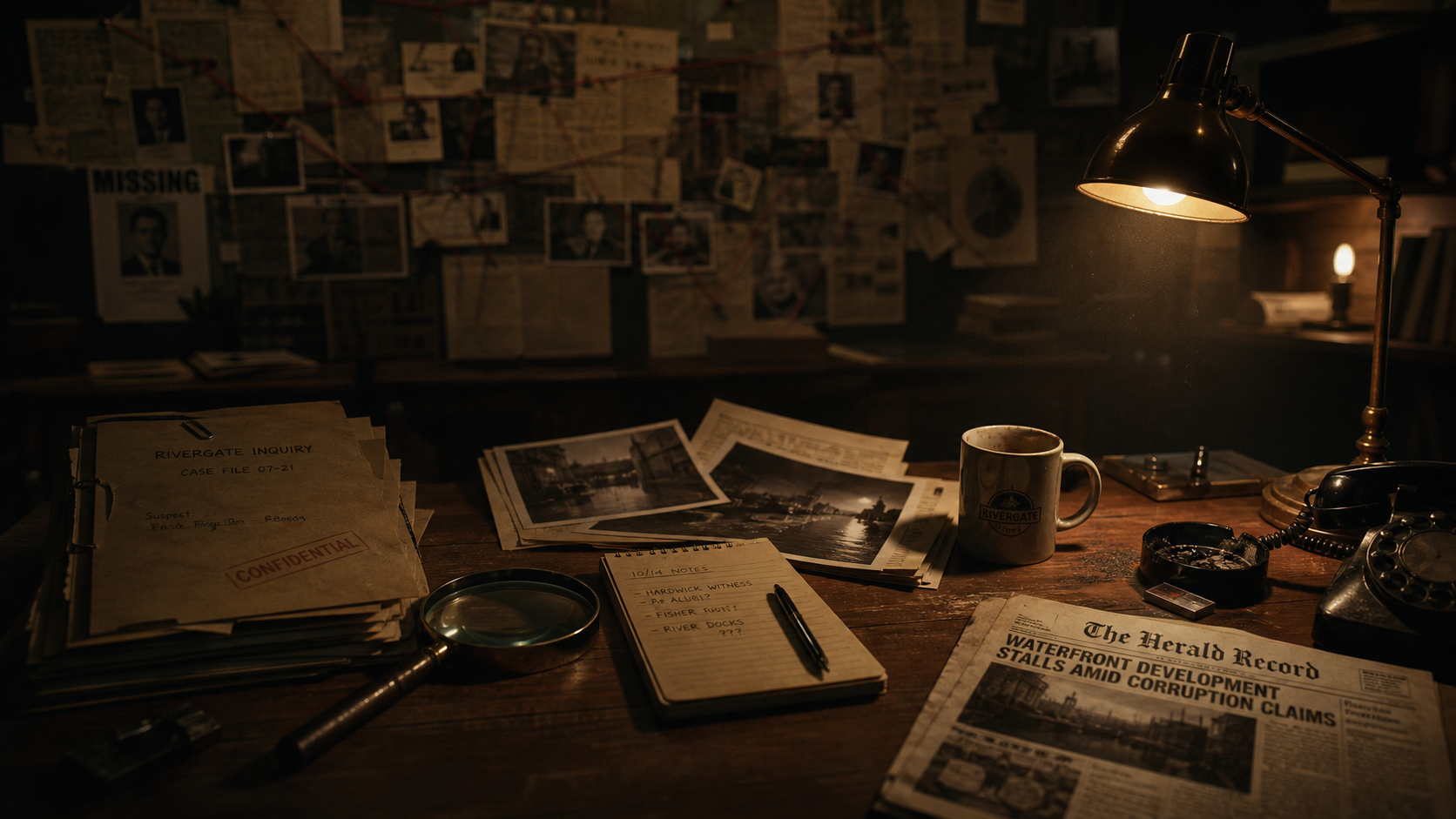 A cluttered detective's desk at night lit by a brass lamp, with case files, photographs and a red-string evidence wall blurred in the background