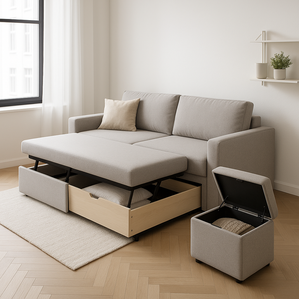 Muebles multifuncionales modernos en departamento pequeño