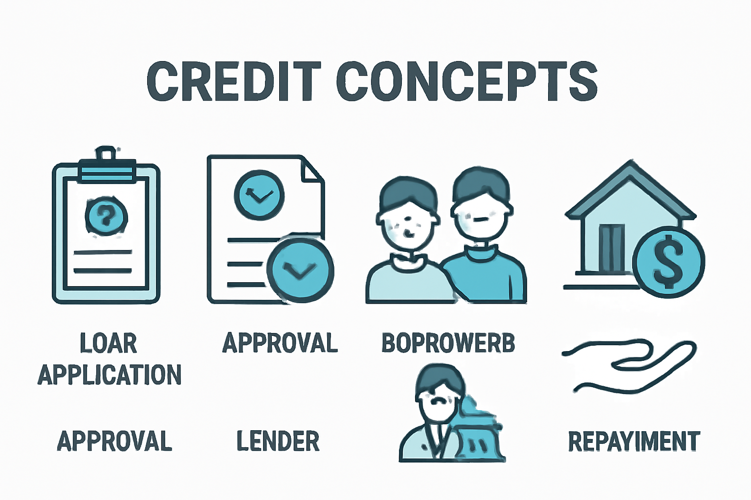 Infographic showing financial credit concepts like loan process, borrowers, lenders, collateral, and repayment.