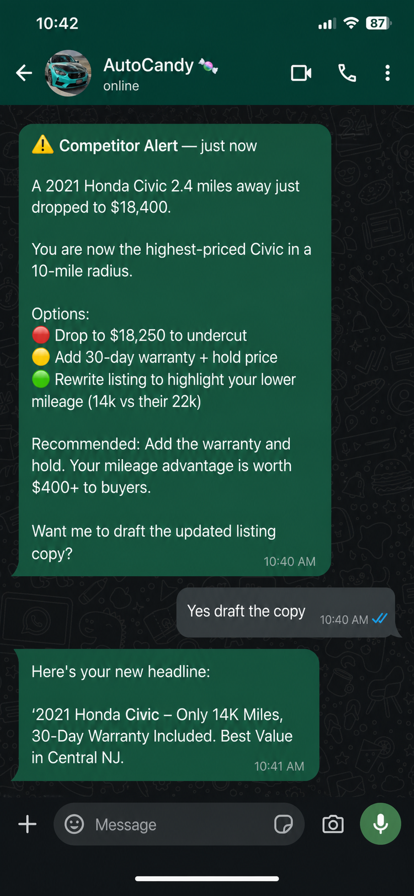 WhatsApp alert from AutoCandy notifying dealer of a competitor price drop with recommended response options