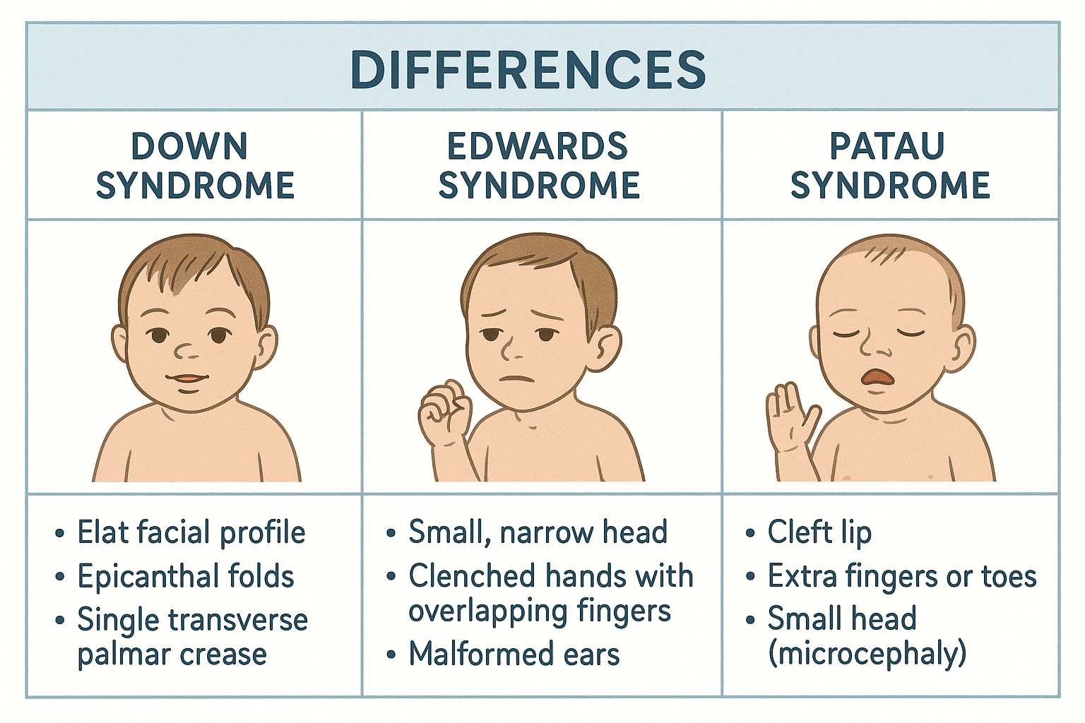 مخطط مقارنة طبية بين متلازمة داون وإدوارد وباتو