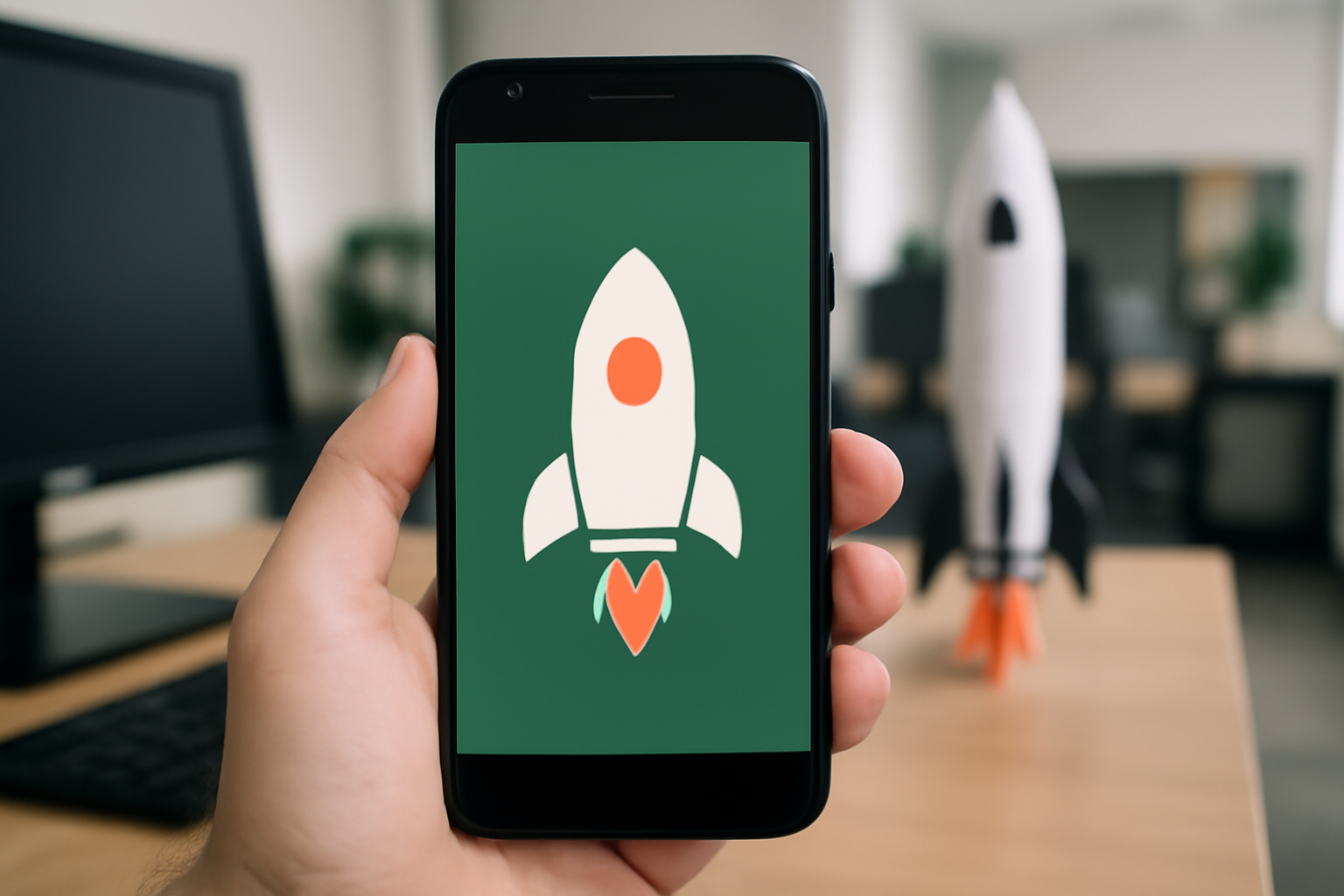 Person holding Android phone in office with rocket logo and booster