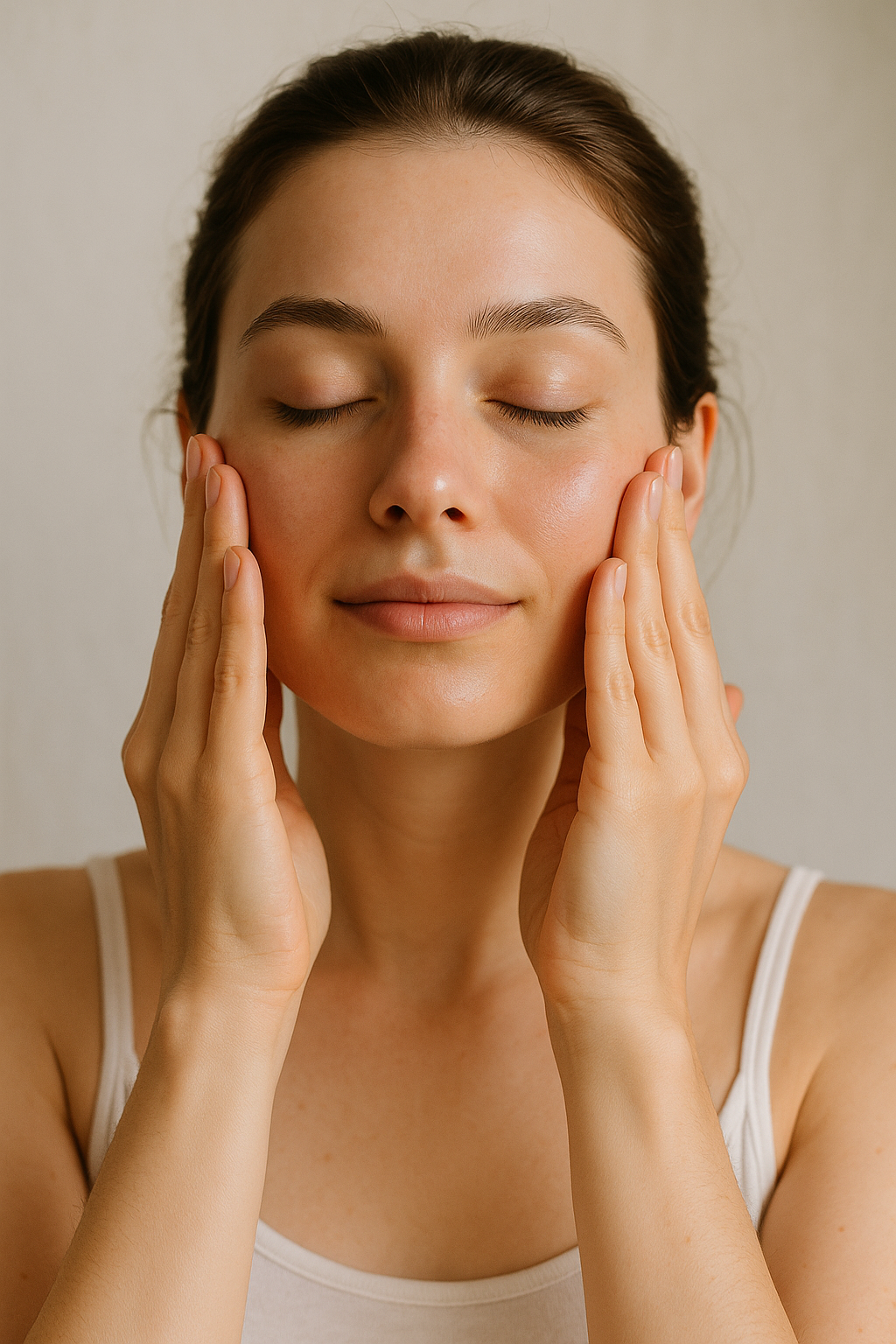 Young woman performing relaxing facial self-massage with gentle upward strokes