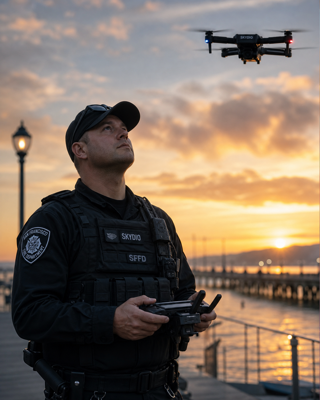 First responder operator with Skydio drone over coastal water