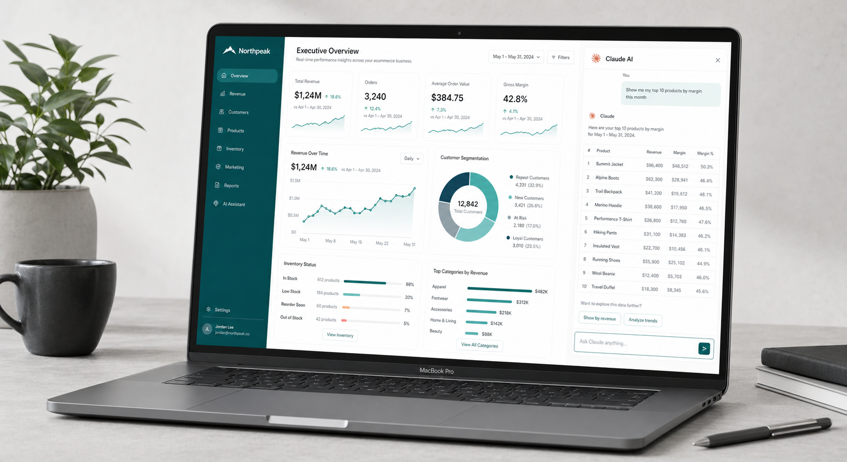 Claude and Shopify AI reporting dashboard with natural language analytics queries