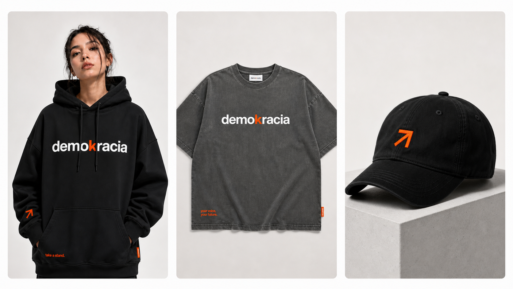 Campaña streetwear de Demokracia con sudadera oversized, camiseta boxy y gorra dad cap